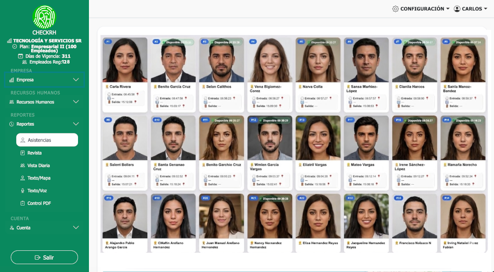 Tablero con fotos diarias del personal en CheckRH